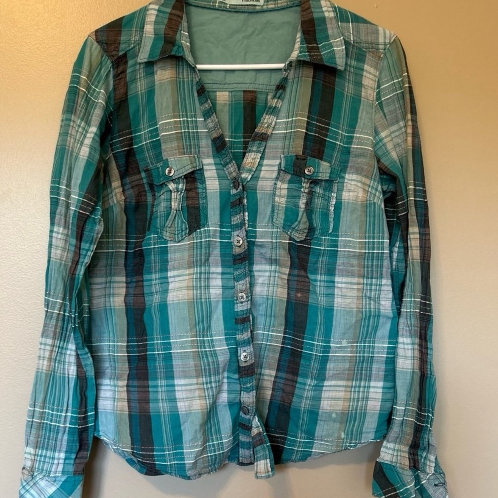 Maurices Teal and Blue Plaid Button Down Shirt